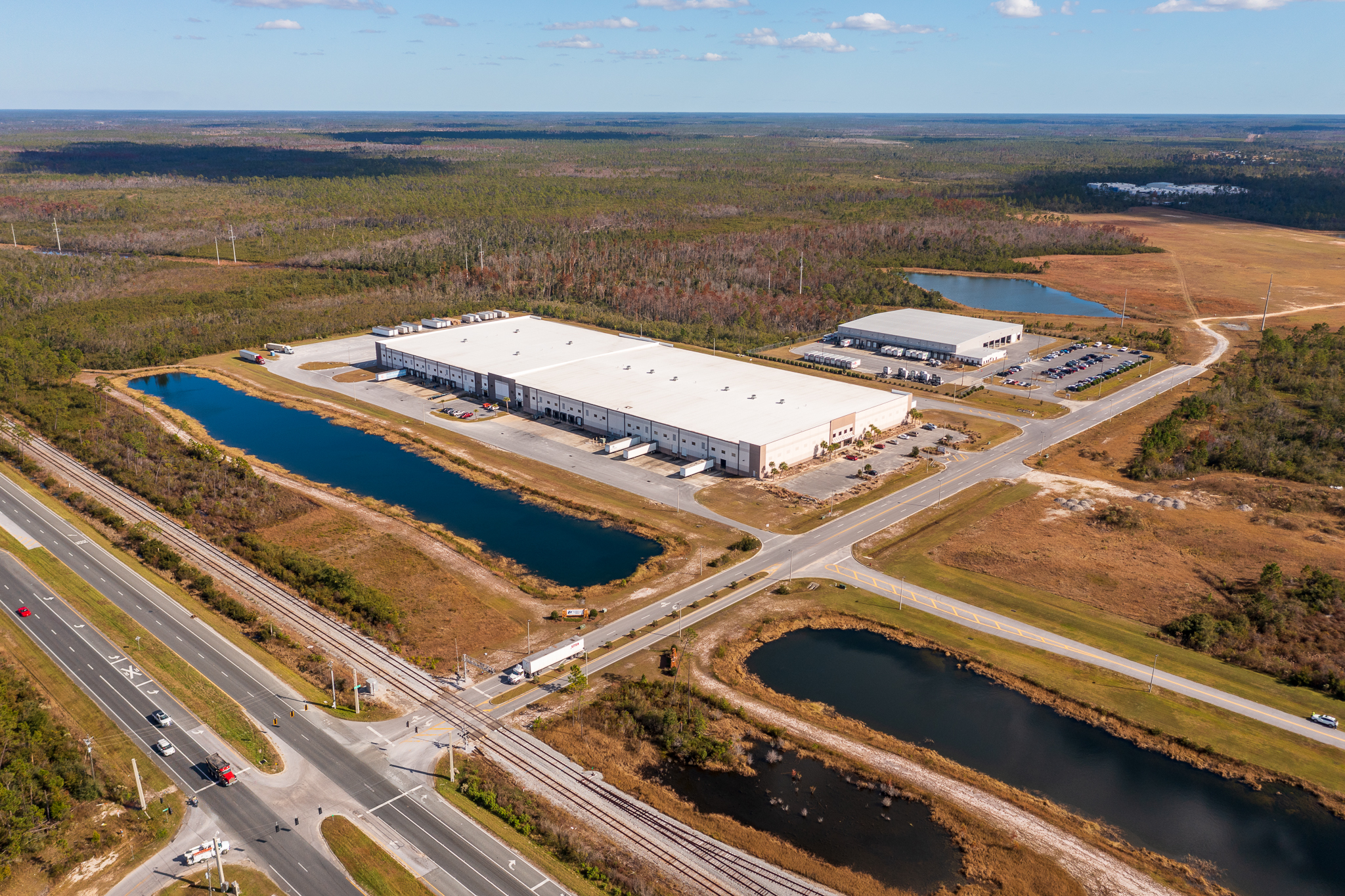 Aerial view of industrial site and buildings in Northwest Florida 