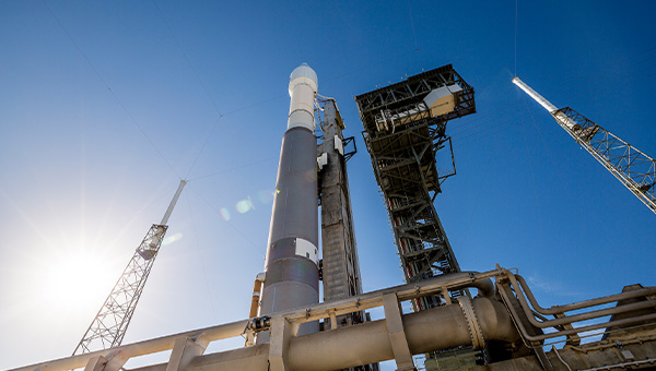 Low angle shot of rocket on launchpad 